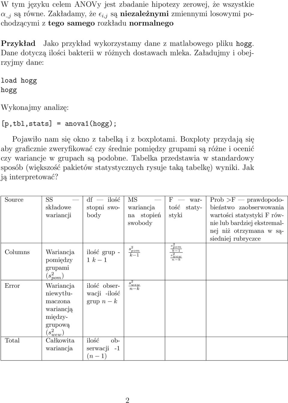 Dane dotyczą ilości bakterii w różnych dostawach mleka. Załadujmy i obejrzyjmy dane: load hogg hogg Wykonajmy analizę: [p,tbl,stats] = anova1(hogg); Pojawiło nam się okno z tabelką i z boxplotami.