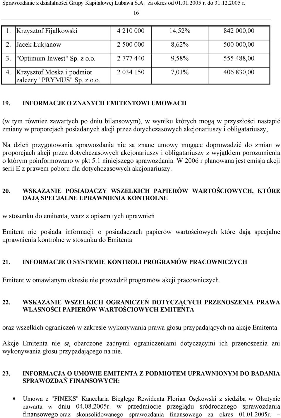 INFORMACJE O ZNANYCH EMITENTOWI UMOWACH (w tym również zawartych po dniu bilansowym), w wyniku których mogą w przyszłości nastąpić zmiany w proporcjach posiadanych akcji przez dotychczasowych