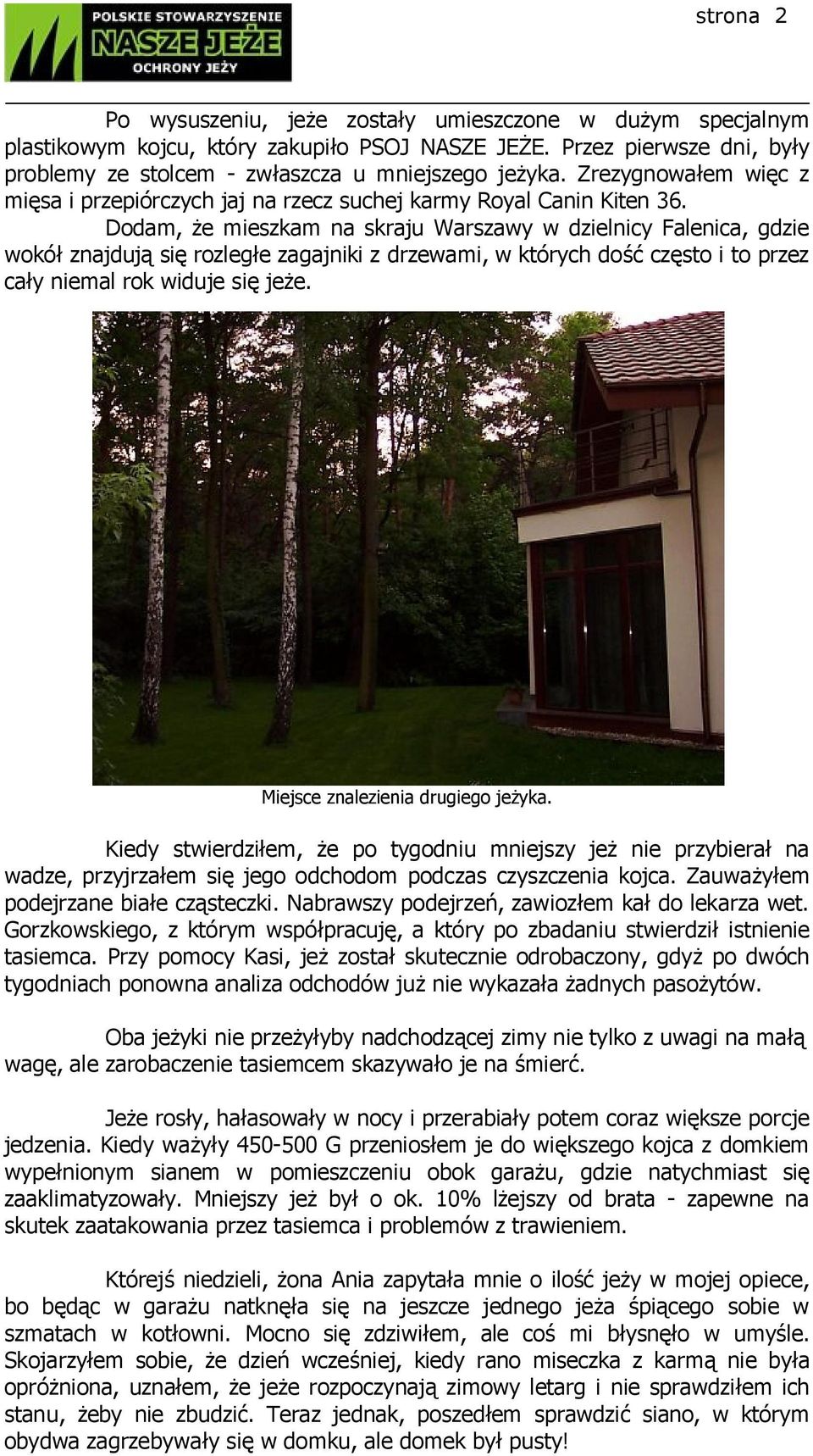 Dodam, że mieszkam na skraju Warszawy w dzielnicy Falenica, gdzie wokół znajdują się rozległe zagajniki z drzewami, w których dość często i to przez cały niemal rok widuje się jeże.