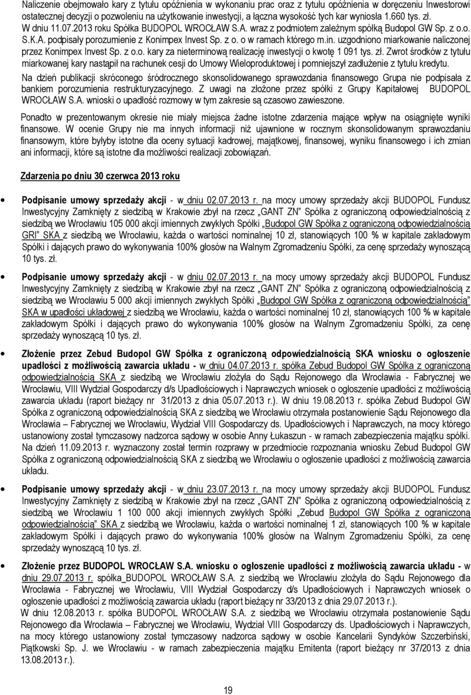 in. uzgodniono miarkowanie naliczonej przez Konimpex Invest Sp. z o.o. kary za nieterminową realizację inwestycji o kwotę 1 091 tys. zł.
