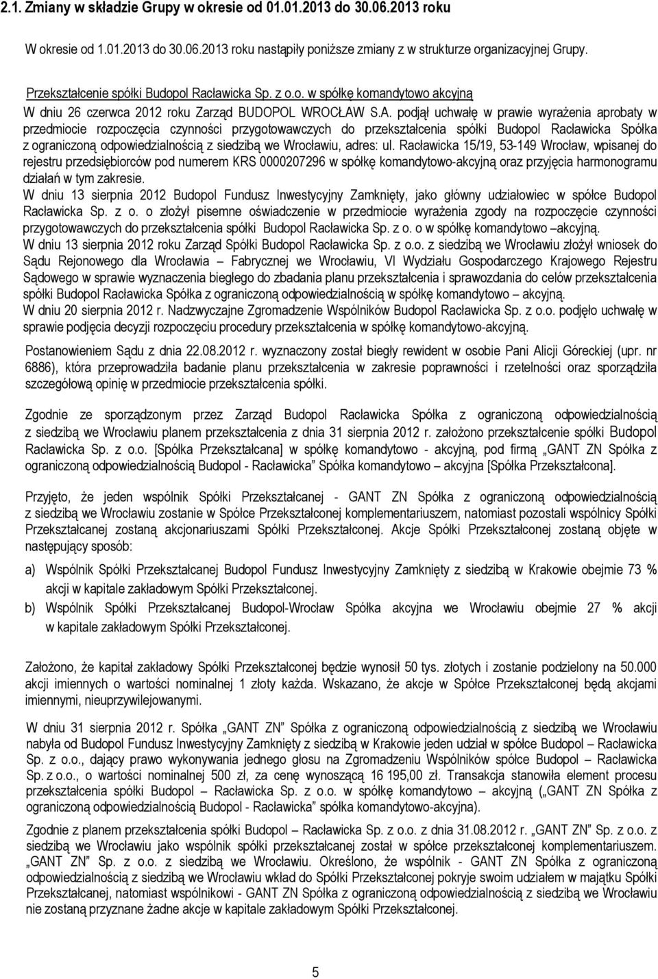 S.A. podjął uchwałę w prawie wyrażenia aprobaty w przedmiocie rozpoczęcia czynności przygotowawczych do przekształcenia spółki Budopol Racławicka Spółka z ograniczoną odpowiedzialnością z siedzibą we