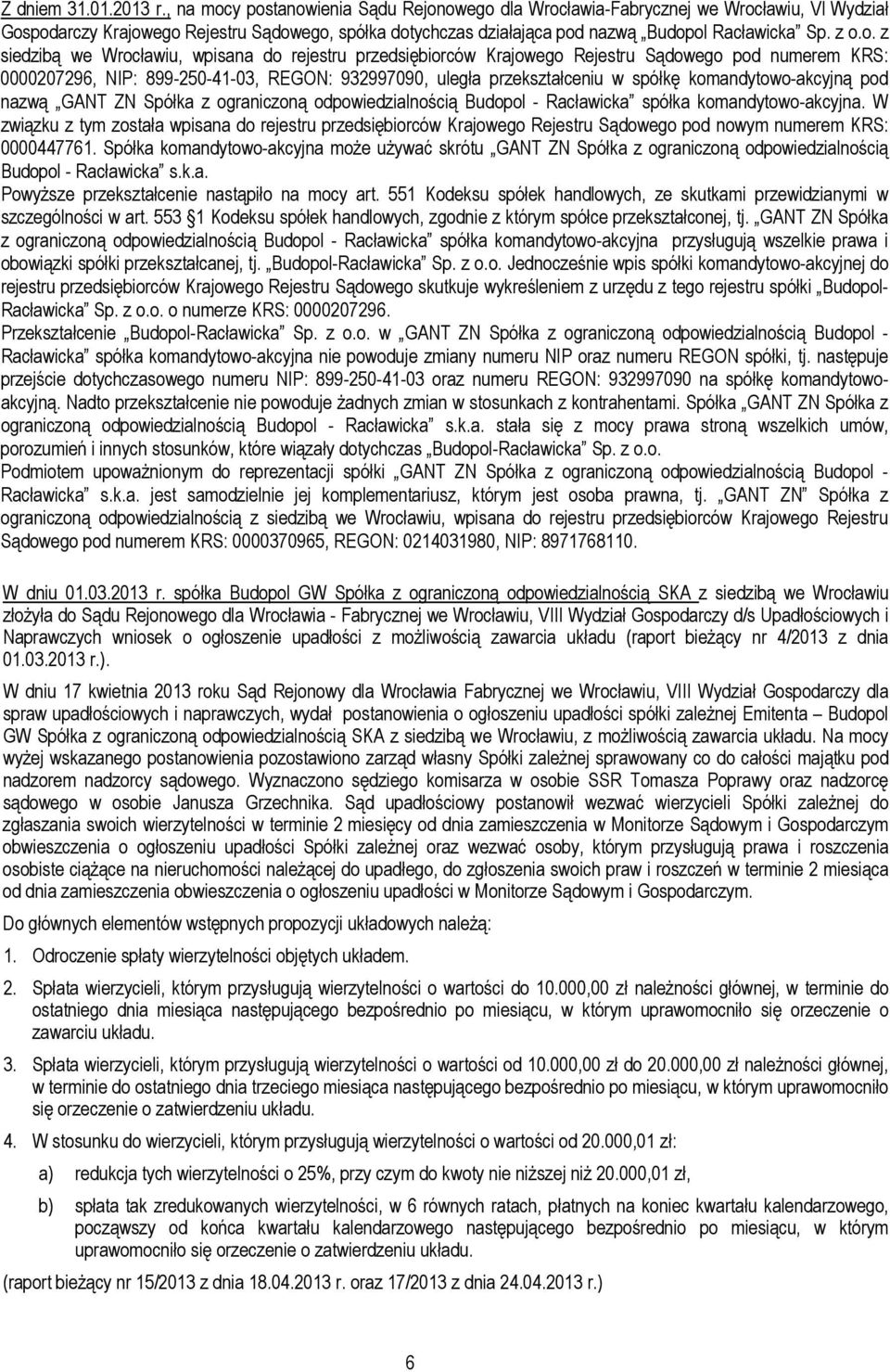 y postanowienia Sądu Rejonowego dla Wrocławia-Fabrycznej we Wrocławiu, VI Wydział Gospodarczy Krajowego Rejestru Sądowego, spółka dotychczas działająca pod nazwą Budopol Racławicka Sp. z o.o. z