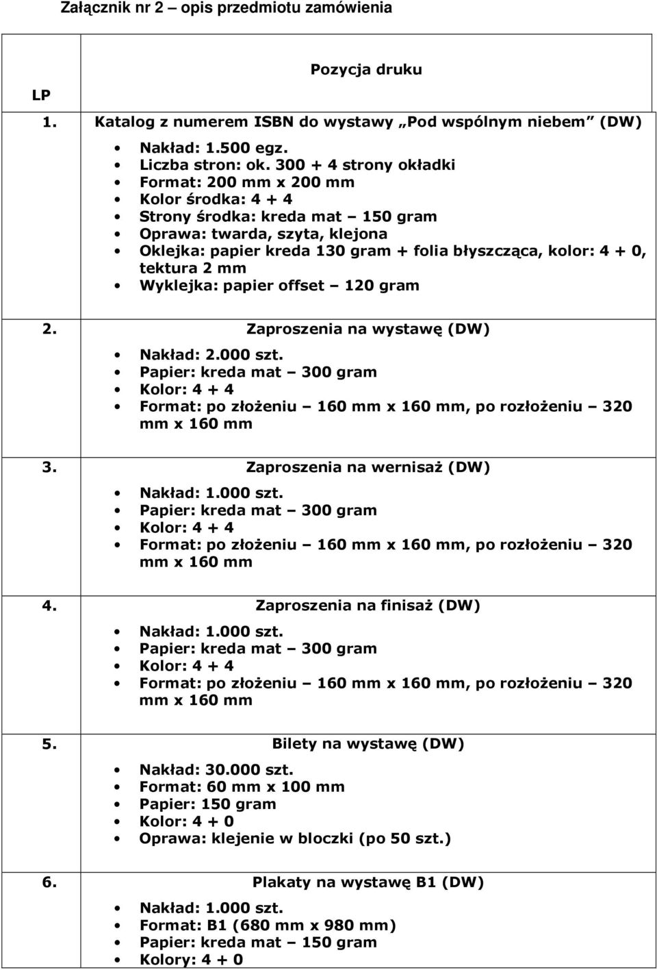 błyszcząca, kolor: 4 + 0, tektura 2 mm Wyklejka: papier offset 120 gram 2. Zaproszenia na wystawę (DW) 3. Zaproszenia na wernisaż (DW) 4. Zaproszenia na finisaż (DW) 5.