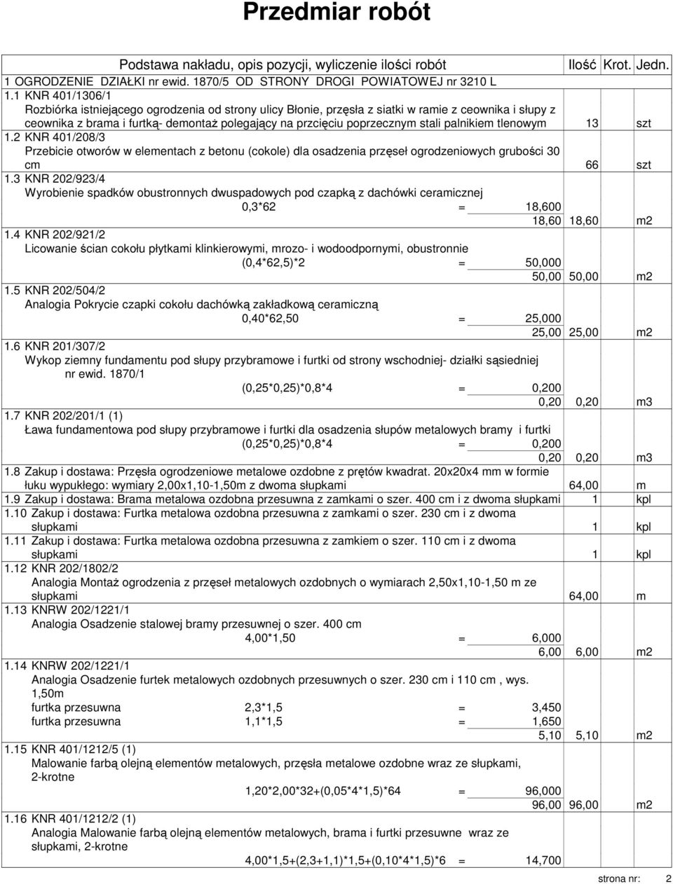 palnikiem tlenowym 13 szt 1.2 KNR 401/208/3 Przebicie otworów w elementach z betonu (cokole) dla osadzenia przęseł ogrodzeniowych grubości 30 cm 66 szt 1.