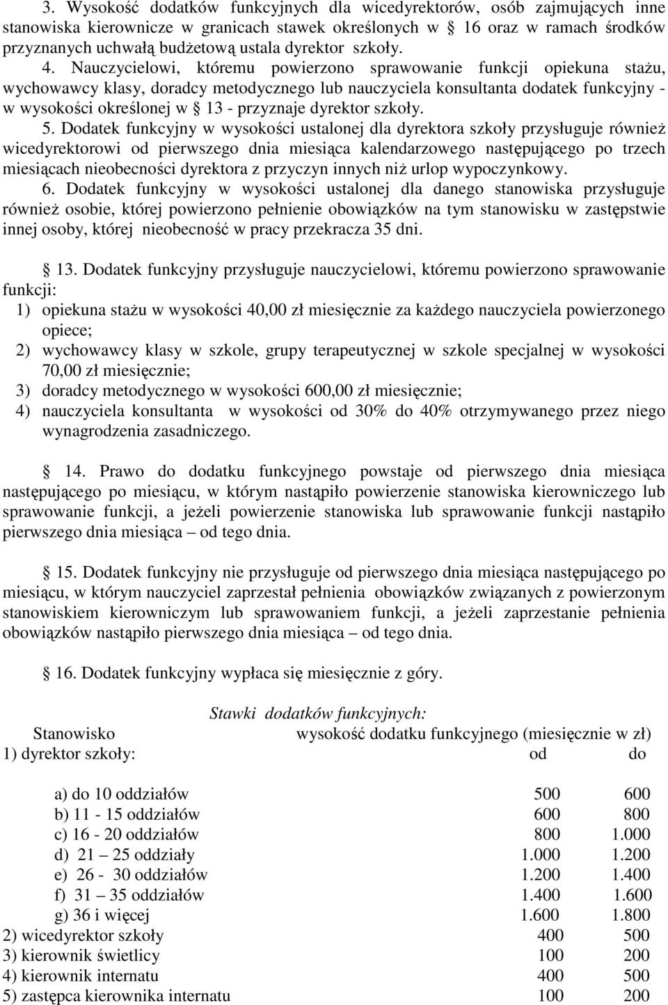 Nauczycielowi, któremu powierzono sprawowanie funkcji opiekuna staŝu, wychowawcy klasy, doradcy metodycznego lub nauczyciela konsultanta dodatek funkcyjny - w wysokości określonej w 13 - przyznaje