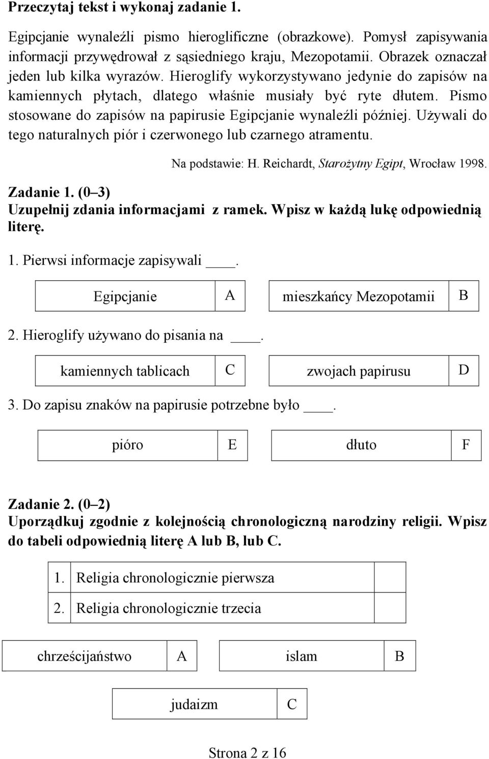 Pismo stosowane do zapisów na papirusie Egipcjanie wynaleźli później. Używali do tego naturalnych piór i czerwonego lub czarnego atramentu. Na podstawie: H. Reichardt, Starożytny Egipt, Wrocław 1998.