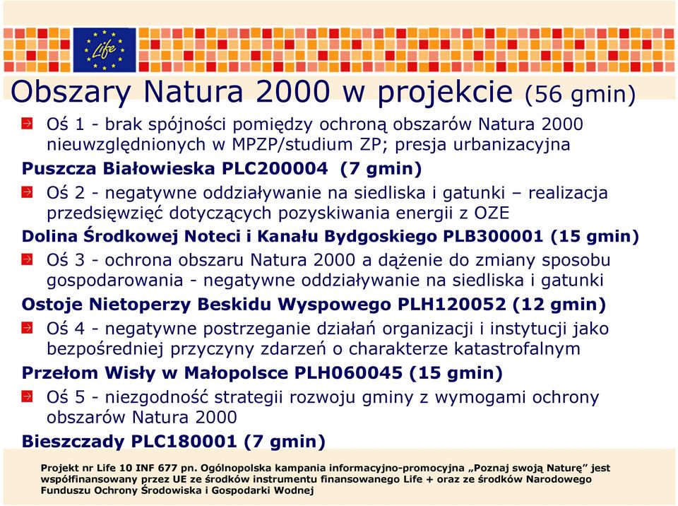 obszaru Natura 2000 a dążenie do zmiany sposobu gospodarowania -negatywne oddziaływanie na siedliska i gatunki Ostoje Nietoperzy Beskidu Wyspowego PLH120052 (12 gmin) Oś 4 -negatywne postrzeganie