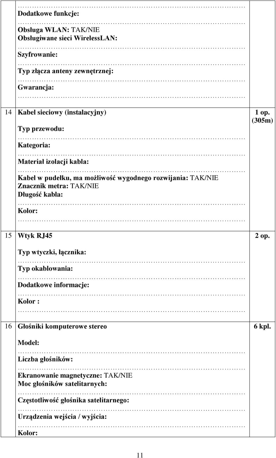 TAK/NIE Długość kabla: 15 Wtyk RJ45 1 op. (305m) 2 op.