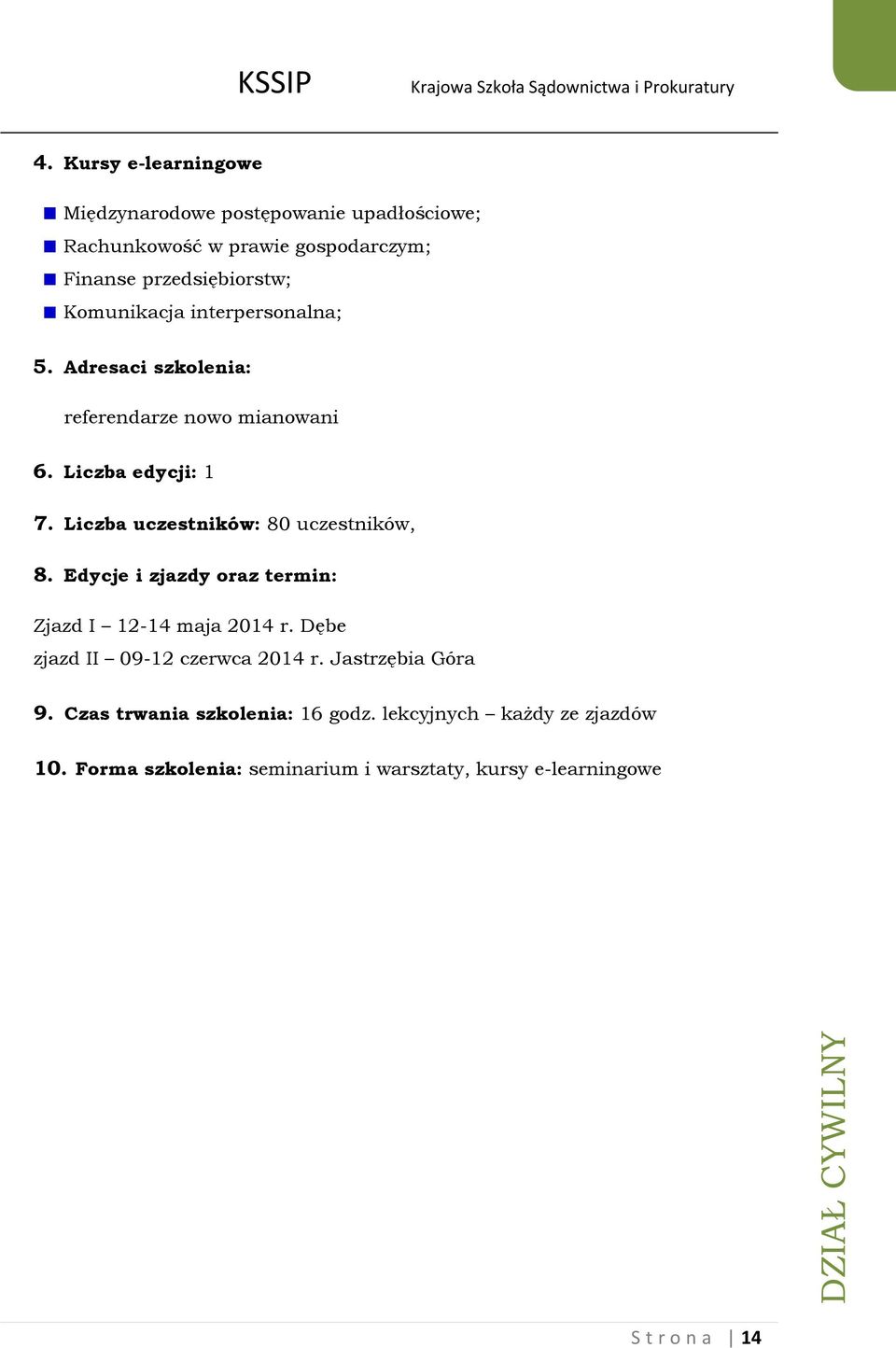 Liczba uczestników: 80 uczestników, 8. Edycje i zjazdy oraz termin: Zjazd I 12-14 maja 2014 r. Dębe zjazd II 09-12 czerwca 2014 r.