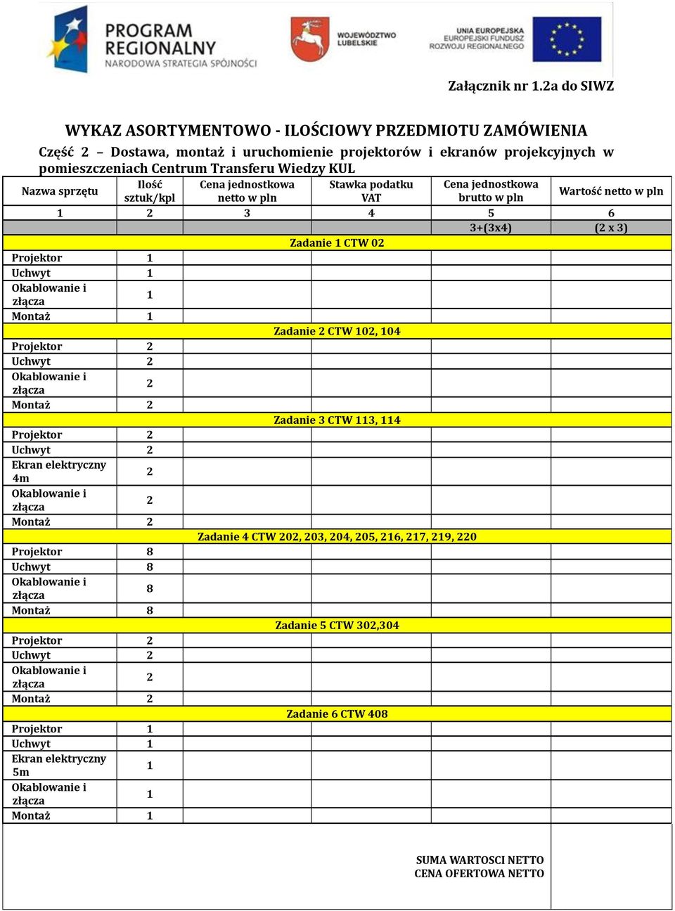 sprzętu Ilość Cena jednostkowa Stawka podatku Cena jednostkowa sztuk/kpl netto w pln VAT brutto w pln Wartość netto w pln 1 2 3 4 5 6 3+(3x4) (2 x 3) Zadanie 1 CTW 02 Projektor 1 Uchwyt 1 1 Montaż