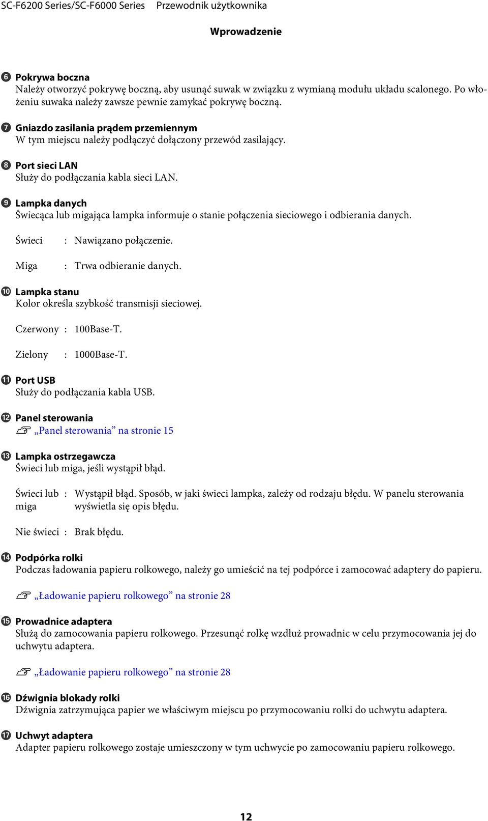 I Lampka danych Świecąca lub migająca lampka informuje o stanie połączenia sieciowego i odbierania danych. Świeci : Nawiązano połączenie. Miga : Trwa odbieranie danych.