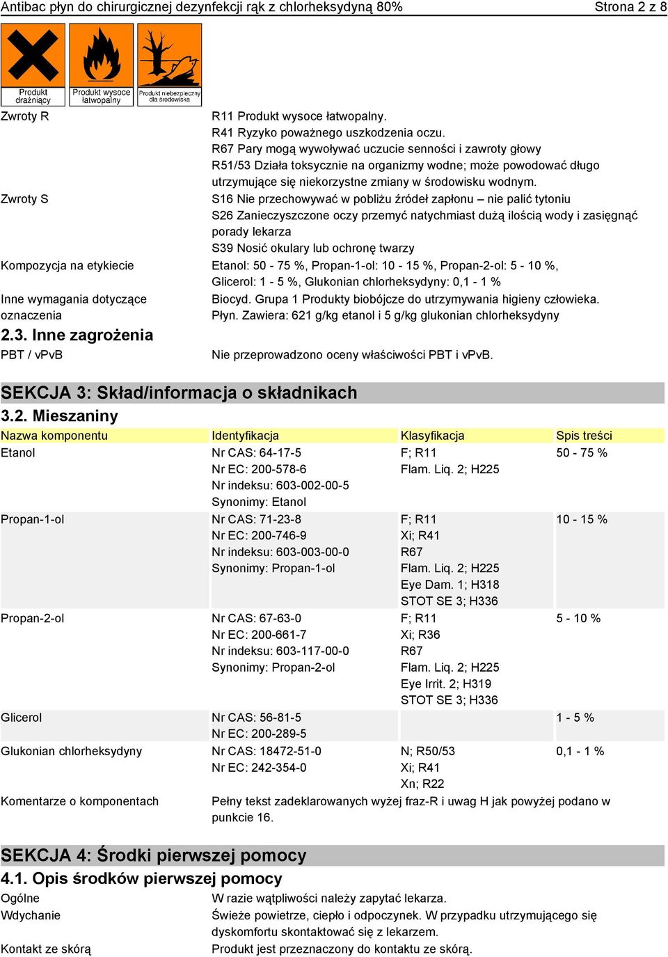 Zwroty S S16 Nie przechowywać w pobliżu źródeł zapłonu nie palić tytoniu S26 Zanieczyszczone oczy przemyć natychmiast dużą ilością wody i zasięgnąć porady lekarza S39 Nosić okulary lub ochronę twarzy