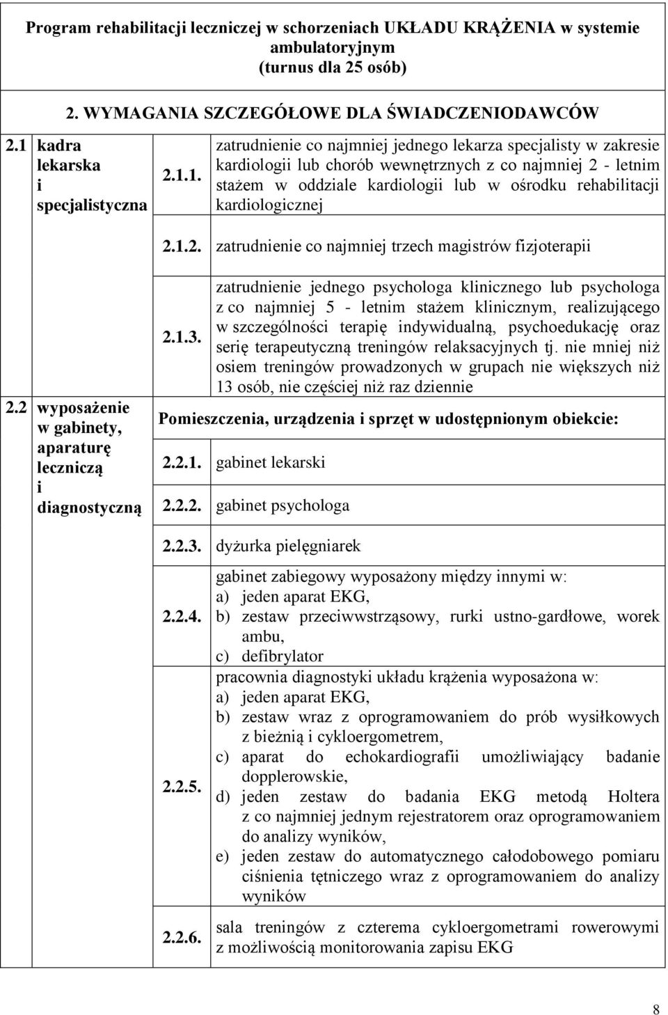 1. zatrudnienie co najmniej jednego lekarza specjalisty w zakresie kardiologii lub chorób wewnętrznych z co najmniej 2 - letnim stażem w oddziale kardiologii lub w ośrodku rehabilitacji