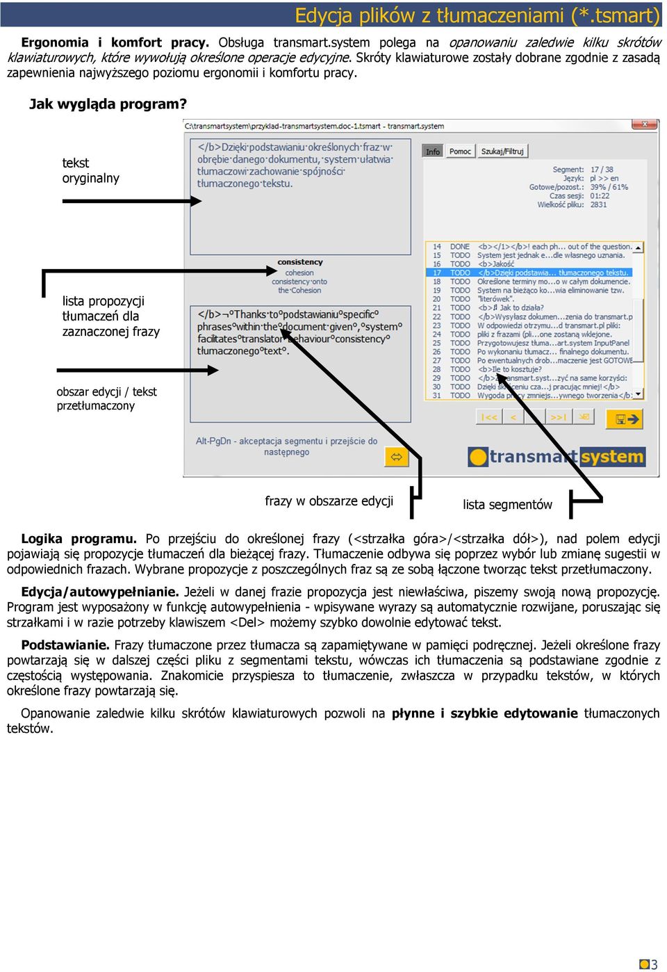 tekst oryginalny lista propozycji tłumaczeń dla zaznaczonej frazy obszar edycji / tekst przetłumaczony frazy w obszarze edycji lista segmentów Logika programu.