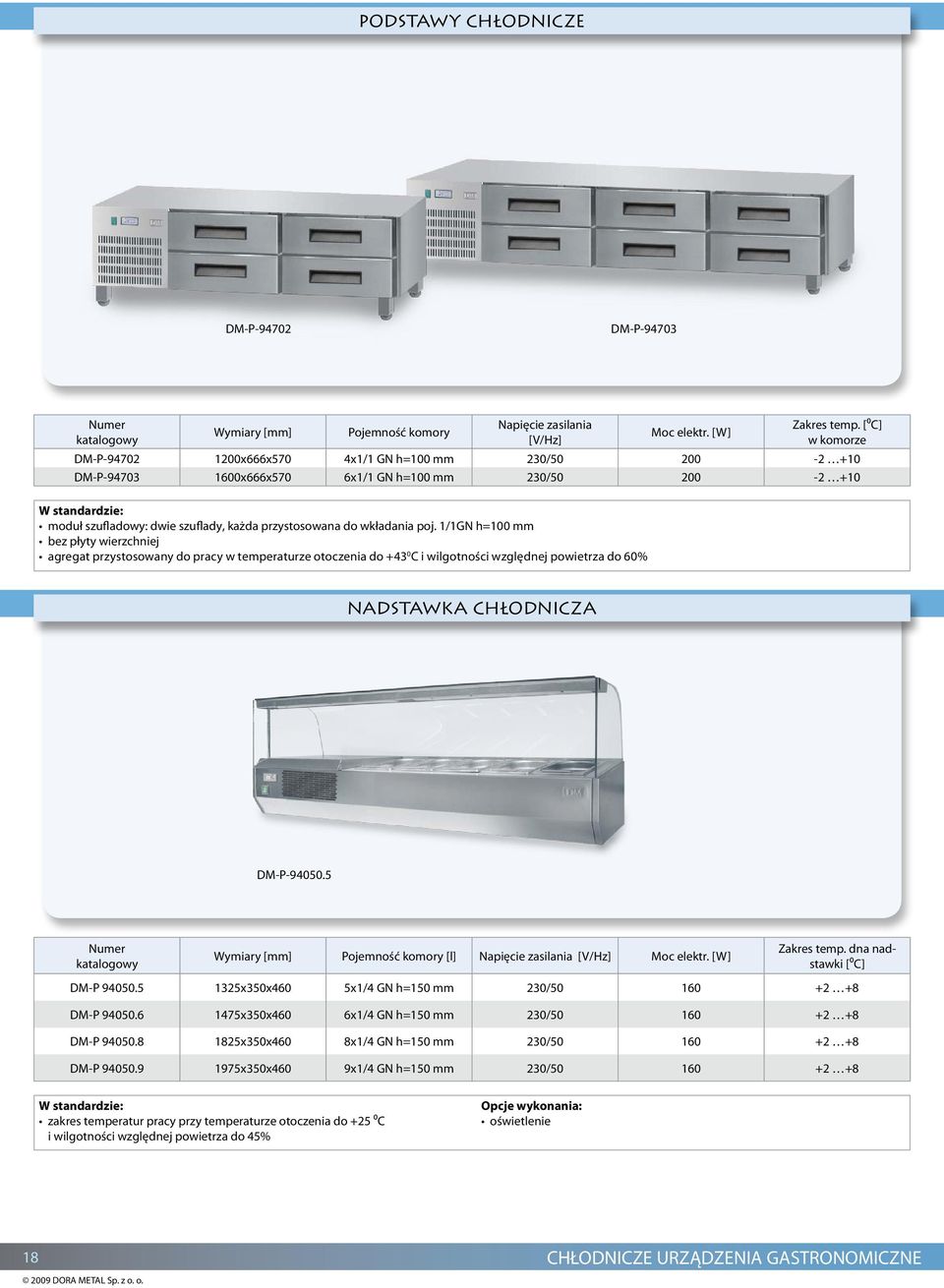 [⁰C] w komorze DM-P-94702 1200x666x570 4x1/1 GN h=100 mm 230/50 200-2 +10 DM-P-94703 1600x666x570 6x1/1 GN h=100 mm 230/50 200-2 +10 Nadstawka chłodnicza DM-P-94050.