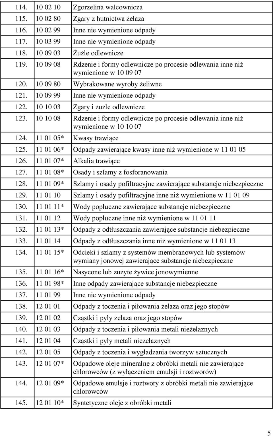 10 10 03 Zgary i żużle odlewnicze 123. 10 10 08 Rdzenie i formy odlewnicze po procesie odlewania inne niż wymienione w 10 10 07 124. 11 01 05* Kwasy trawiące 125.