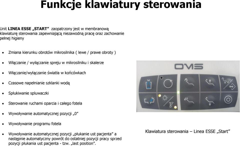 szklanki wodą Spłukiwanie spluwaczki Sterowanie ruchami oparcia i całego fotela Wywoływanie automatycznej pozycji 0 Wywoływanie programu fotela Wywoływanie automatycznej