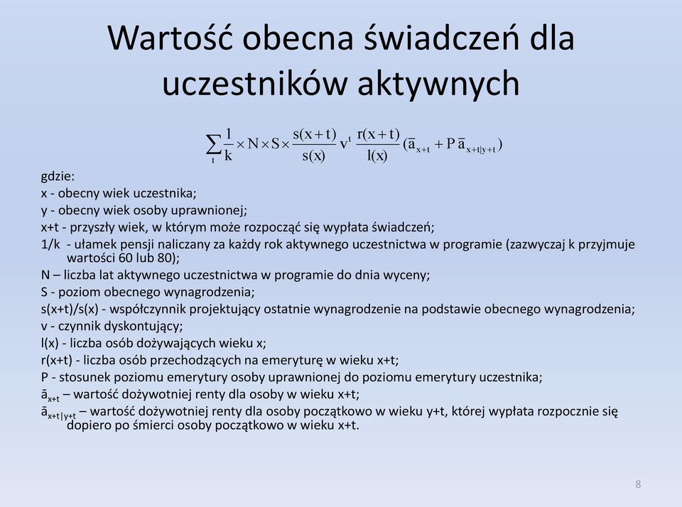 uczestnictwa w programie do dnia wyceny; S - poziom obecnego wynagrodzenia; s(x+t)/s(x) - współczynnik projektujący ostatnie wynagrodzenie na podstawie obecnego wynagrodzenia; v - czynnik