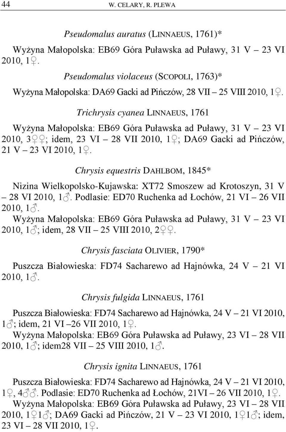 Trichrysis cyanea LINNAEUS, 1761 Wyżyna Małopolska: EB69 Góra Puławska ad Puławy, 31 V 23 VI 2010, 3 ; idem, 23 VI 28 VII 2010, 1 ; DA69 Gacki ad Pińczów, 21 V 23 VI Chrysis equestris DAHLBOM, 1845*