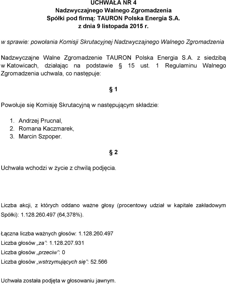 Skrutacyjną w następującym składzie: 1. Andrzej Prucnal, 2. Romana Kaczmarek, 3.