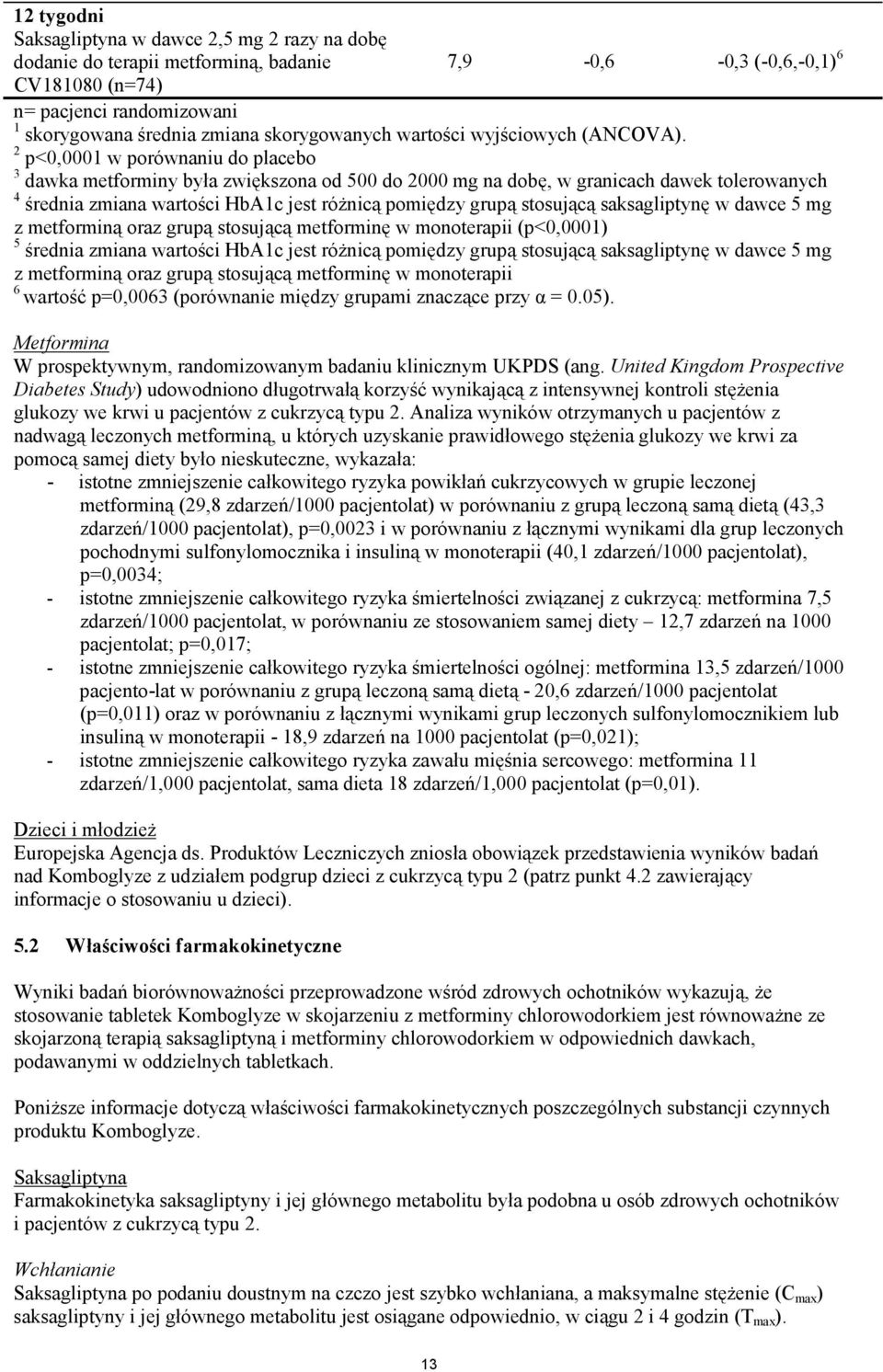 2 p<0,0001 w porównaniu do placebo 3 dawka metforminy była zwiększona od 500 do 2000 mg na dobę, w granicach dawek tolerowanych 4 średnia zmiana wartości HbA1c jest różnicą pomiędzy grupą stosującą