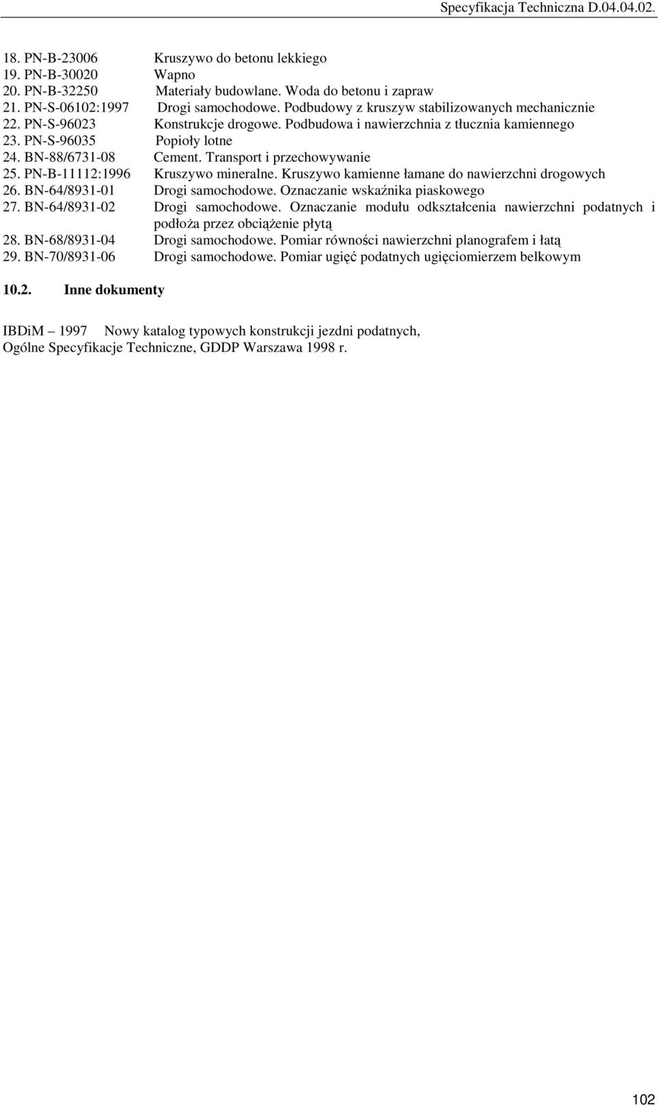 Transport i przechowywanie 25. PN-B-11112:1996 Kruszywo mineralne. Kruszywo kamienne łamane do nawierzchni drogowych 26. BN-64/8931-01 Drogi samochodowe. Oznaczanie wskaźnika piaskowego 27.