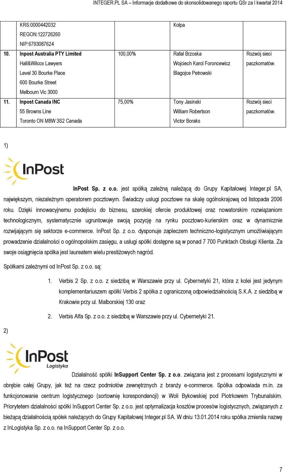 paczkomatów. Rozwój sieci paczkomatów. 1) InPost Sp. z o.o. jest spółką zależną należącą do Grupy Kapitałowej Integer.pl SA, największym, niezależnym operatorem pocztowym.