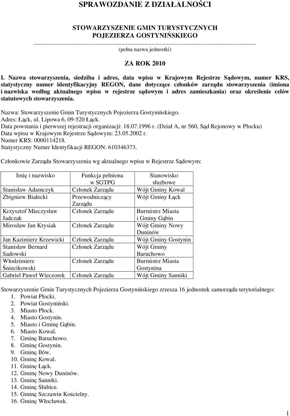 według aktualnego wpisu w rejestrze sądowym i adres zamieszkania) oraz określenie celów statutowych stowarzyszenia. Nazwa: Stowarzyszenie Gmin Turystycznych Pojezierza Gostynińskiego. Adres: Łąck, ul.