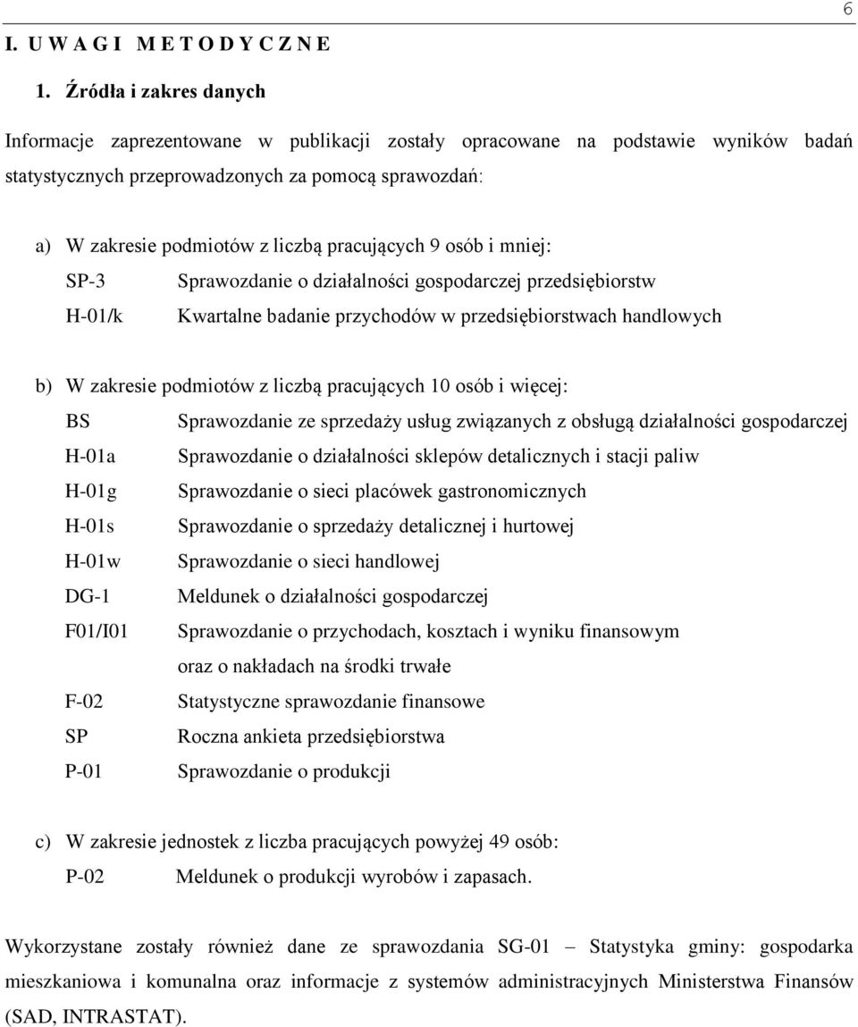 pracujących 9 osób i mniej: SP-3 Sprawozdanie o działalności gospodarczej przedsiębiorstw H-01/k Kwartalne badanie przychodów w przedsiębiorstwach handlowych b) W zakresie podmiotów z liczbą