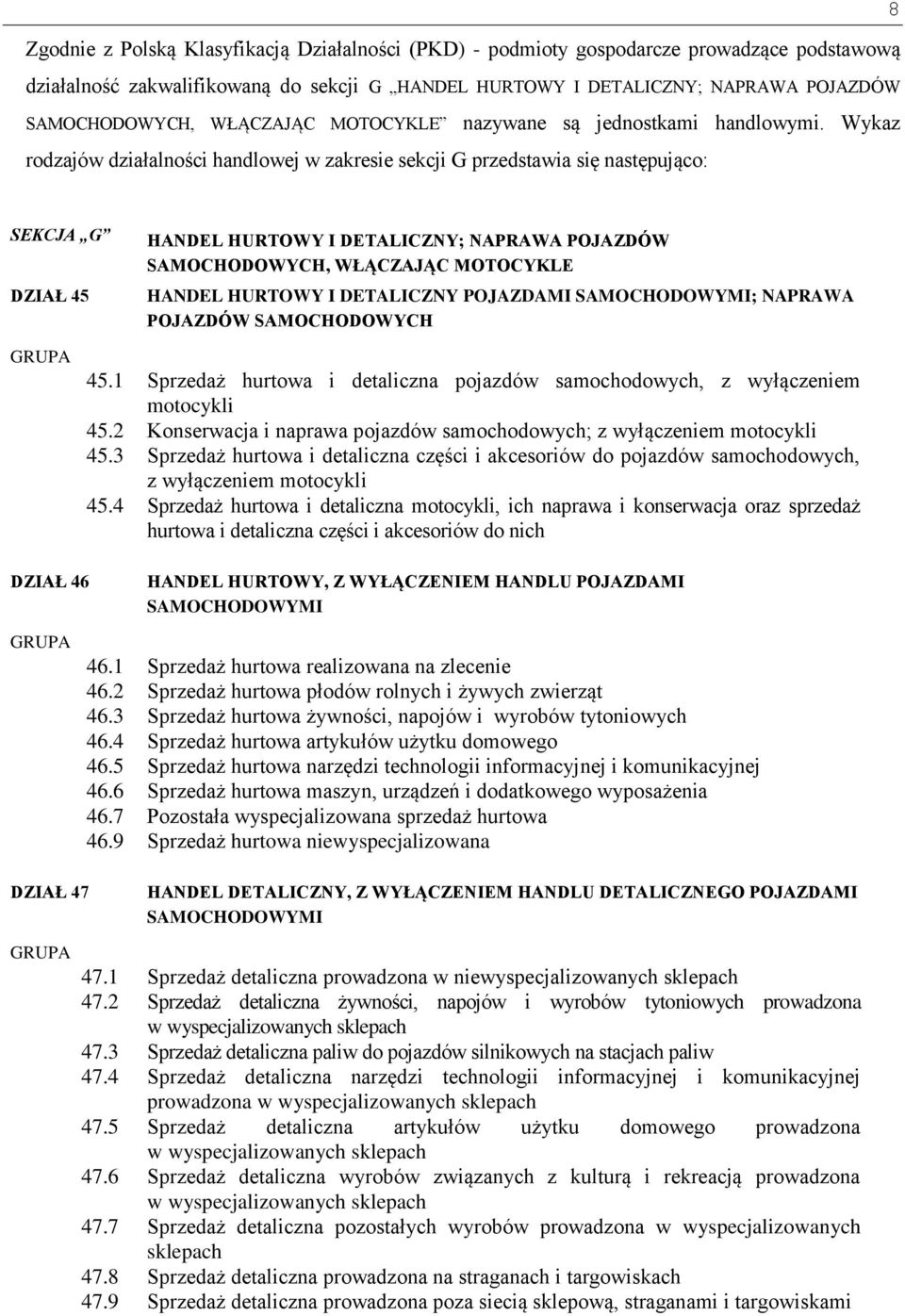 Wykaz rodzajów działalności handlowej w zakresie sekcji G przedstawia się następująco: SEKCJA G DZIAŁ 45 HANDEL HURTOWY I DETALICZNY; NAPRAWA POJAZDÓW SAMOCHODOWYCH, WŁĄCZAJĄC MOTOCYKLE HANDEL