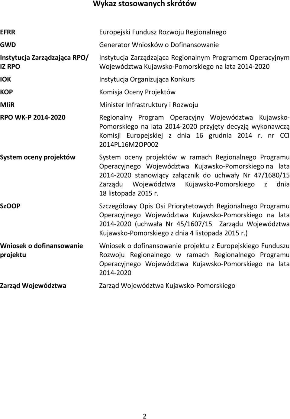 Konkurs Komisja Oceny Projektów Minister Infrastruktury i Rozwoju Regionalny Program Operacyjny Województwa Kujawsko- Pomorskiego na lata 2014-2020 przyjęty decyzją wykonawczą Komisji Europejskiej z