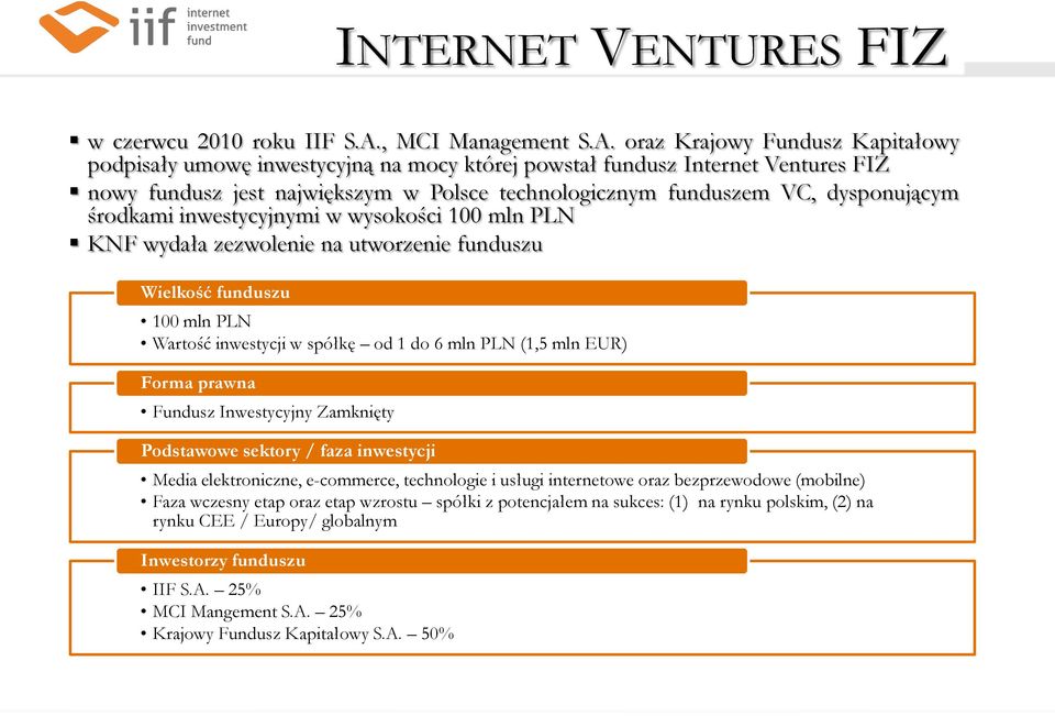 oraz Krajowy Fundusz Kapitałowy podpisały umowę inwestycyjną na mocy której powstał fundusz Internet Ventures FIZ nowy fundusz jest największym w Polsce technologicznym funduszem VC, dysponującym