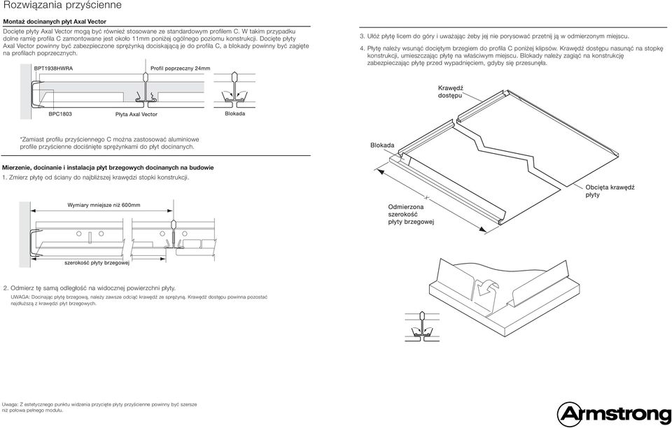 Docięte płyty Axal Vector powinny być zabezpieczone sprężynką dociskającą je do profila C, a blokady powinny być zagięte na profilach poprzecznych. 3.