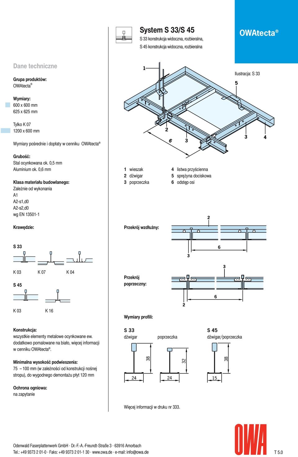 0,6 mm Zależnie od wykonania A1 A2-s1,d0 A2-s2,d0 wg EN 13501-1 1 wieszak 2 dźwigar 3 poprzeczka 4 listwa przyścienna 5 sprężyna dociskowa 6 odstęp osi Przekrój wzdłużny: S 33 6 K 03 K 07 K 04 S 45