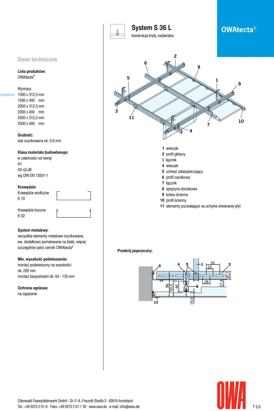 zabezpieczający 6 profil zaciskowy 7 łącznik 8 sprężyna dociskowa 9 kotwa ścienna 10 profil ścienny 11 elementy pozwalające na uchylne otwieranie płyt System metalowy: wszystkie elementy metalowe