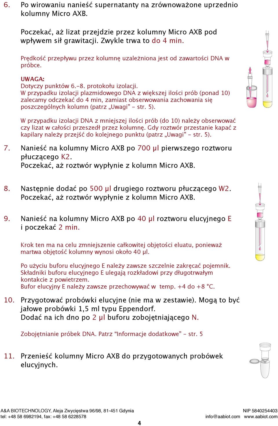 W przypadku izolacji plazmidowego DNA z większej ilości prób (ponad 10) zalecamy odczekać do 4 min, zamiast obserwowania zachowania się poszczególnych kolumn (patrz Uwagi - str. 5).