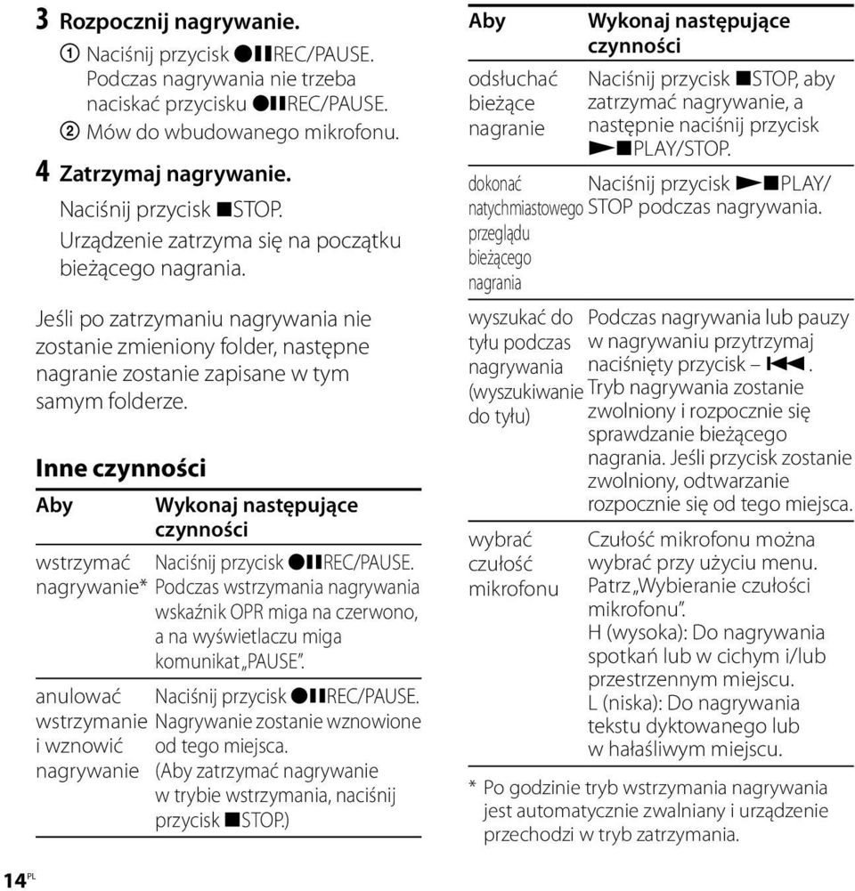 Inne czynności Aby Wykonaj następujące czynności wstrzymać Naciśnij przycisk REC/PAUSE.