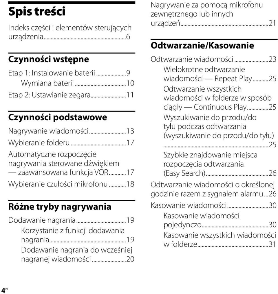 ..18 Różne tryby nagrywania Dodawanie nagrania...19 Korzystanie z funkcji dodawania nagrania...19 Dodawanie nagrania do wcześniej nagranej wiadomości.