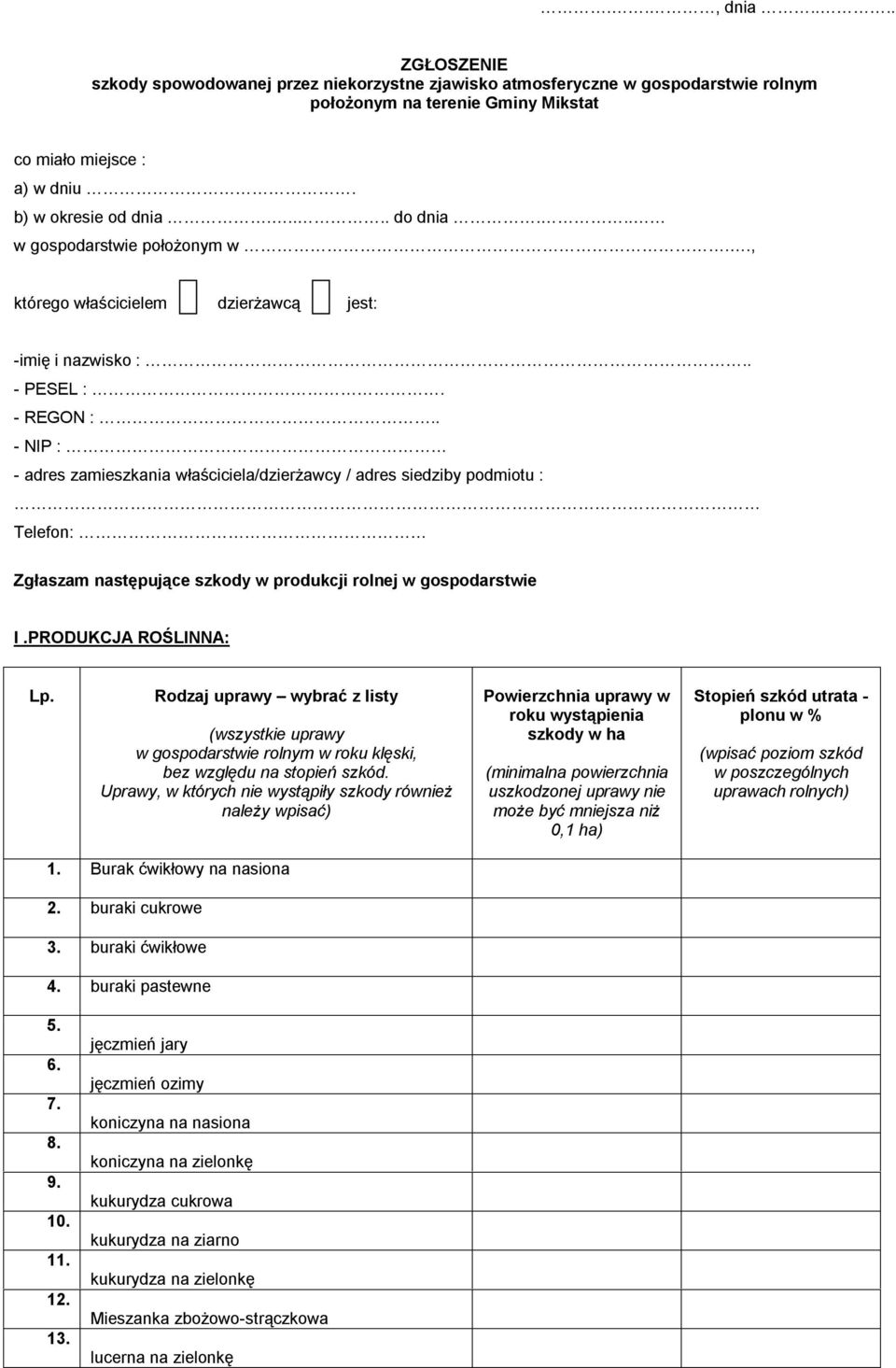 . - NIP : - adres zamieszkania właściciela/dzierżawcy / adres siedziby podmiotu : Telefon: Zgłaszam następujące szkody w produkcji rolnej w gospodarstwie I.