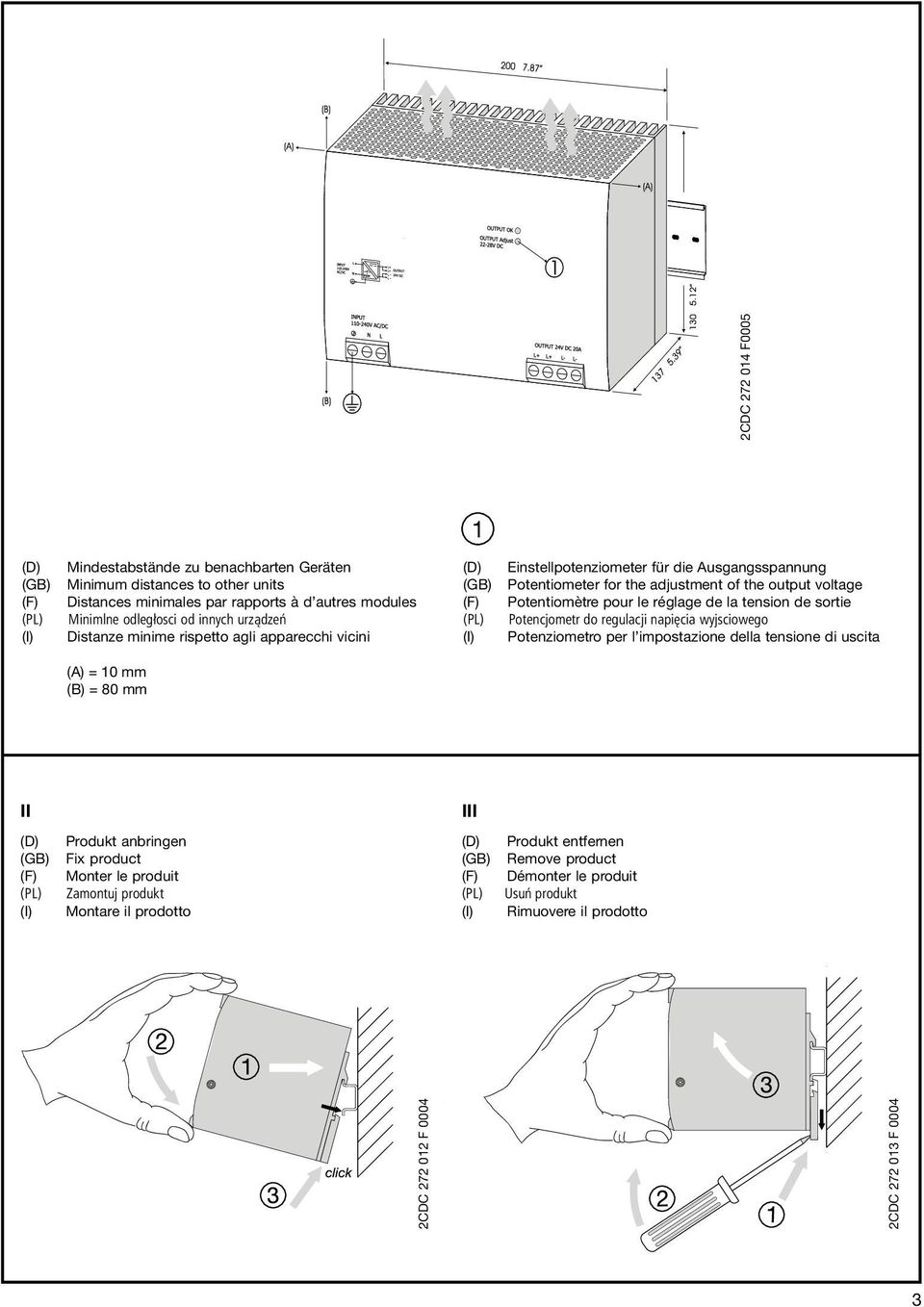 la tension de sortie Potencjometr do regulacji napięcia wyjsciowego Potenziometro per l impostazione della tensione di uscita (A) = 10 mm (B) = 80 mm II III Produkt anbringen Fix