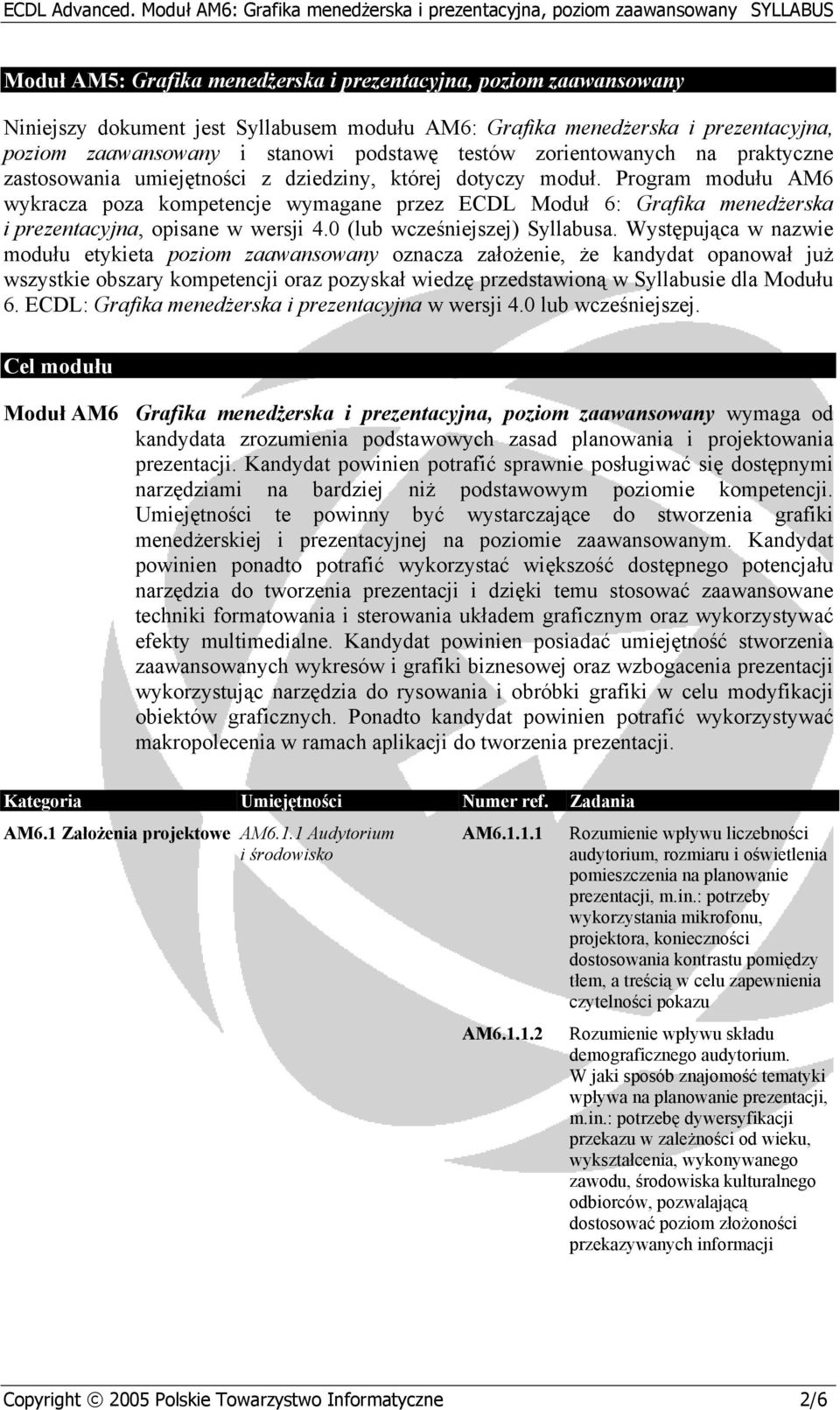 Program modułu AM6 wykracza poza kompetencje wymagane przez ECDL Moduł 6: Grafika menedżerska i prezentacyjna, opisane w wersji 4.0 (lub wcześniejszej) Syllabusa.