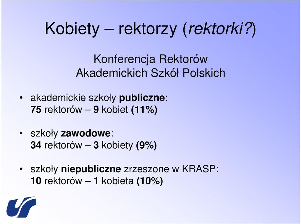 akademickie szkoły publiczne: 75 rektorów 9 kobiet (11%)