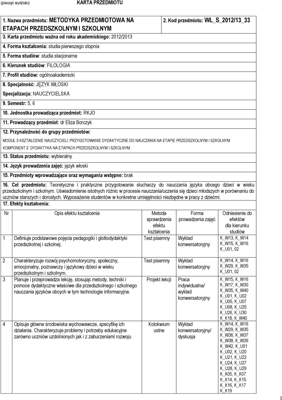 Specjalność: JĘZYK WŁOSKI Specjalizacja: NAUCZYCIELSKA 9. Semestr: 5, 6 10. Jednostka prowadząca przedmiot: RKJO 11. Prowadzący przedmiot: dr Eliza Borczyk 12. Przynależność do grupy przedmiotów: 2.