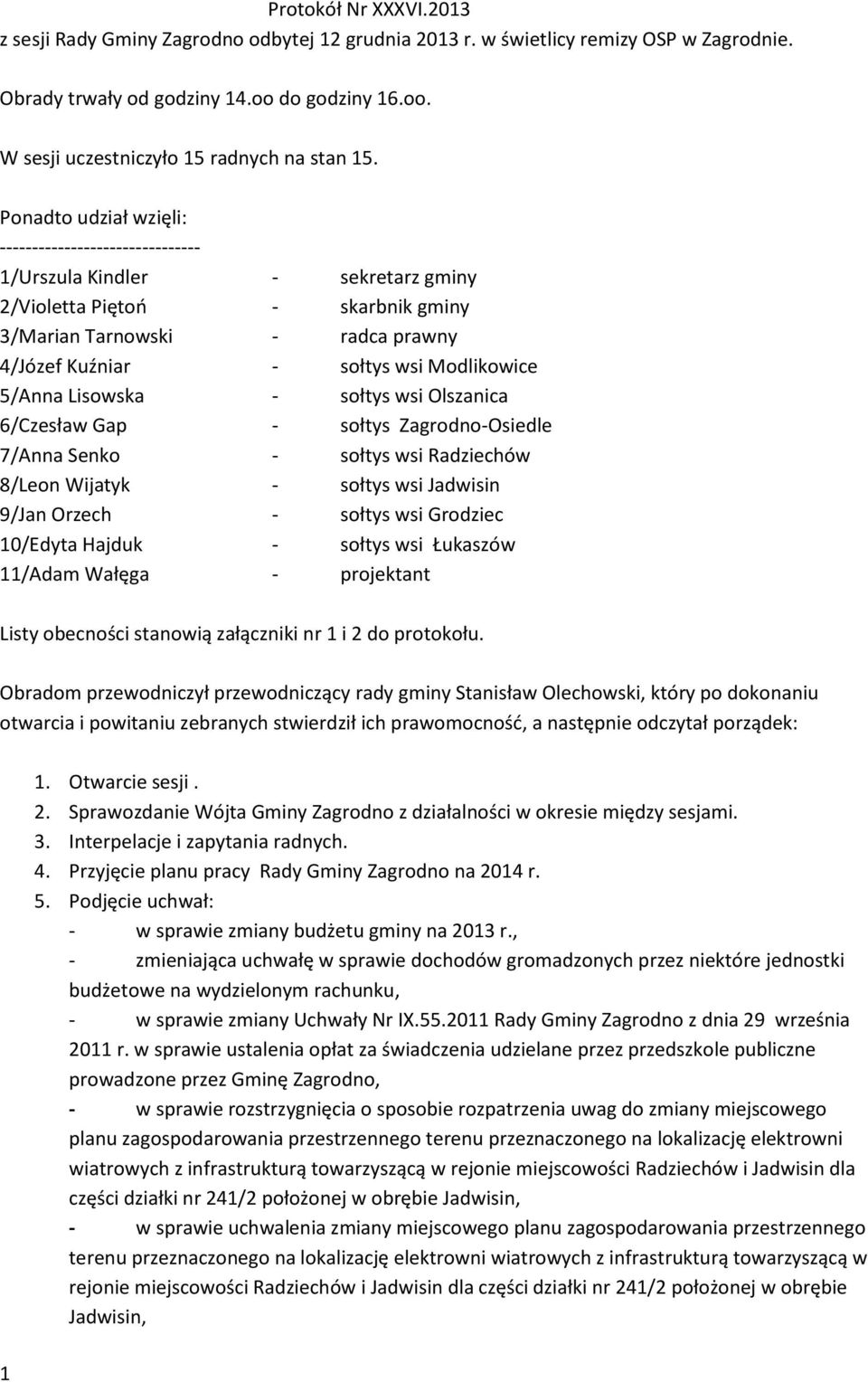 Modlikowice 5/Anna Lisowska - sołtys wsi Olszanica 6/Czesław Gap - sołtys Zagrodno-Osiedle 7/Anna Senko - sołtys wsi Radziechów 8/Leon Wijatyk - sołtys wsi Jadwisin 9/Jan Orzech - sołtys wsi Grodziec
