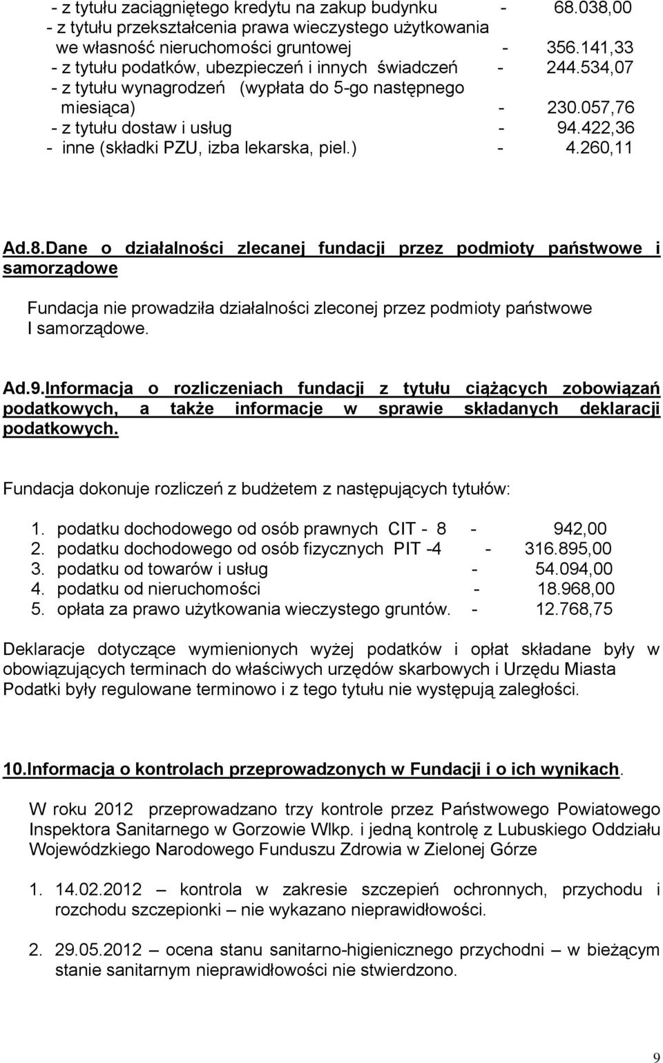 422,36 - inne (składki PZU, izba lekarska, piel.) - 4.260,11 Ad.8.