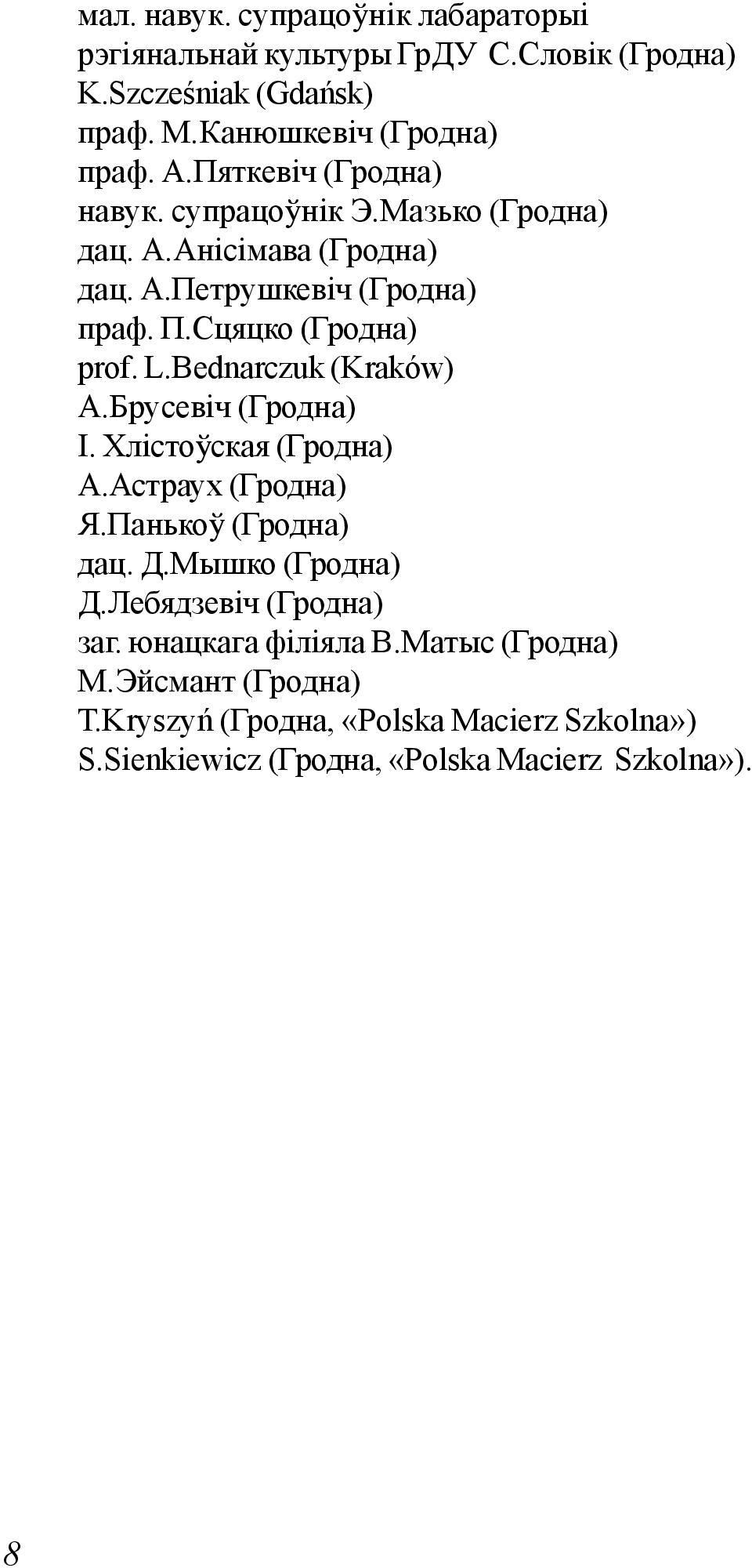 Bednarczuk (Kraków) А.Брусевіч (Гродна) І. Хлістоўская (Гродна) А.Астраух (Гродна) Я.Панькоў (Гродна) дац. Д.Мышко (Гродна) Д.