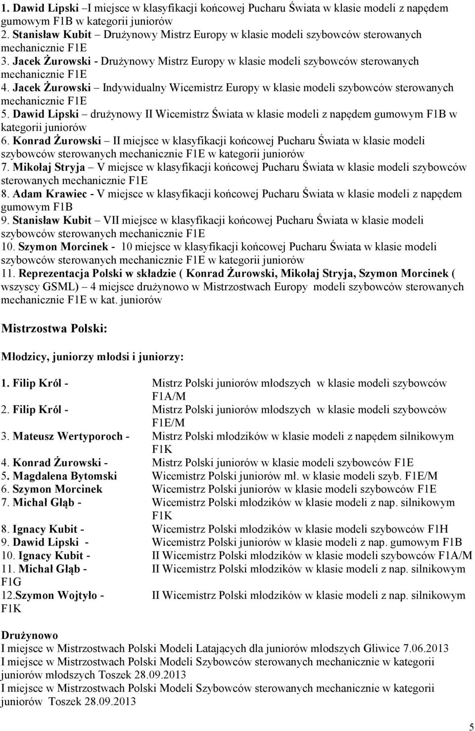 Jacek Żurowski Indywidualny Wicemistrz Europy w klasie modeli szybowców sterowanych mechanicznie 5.