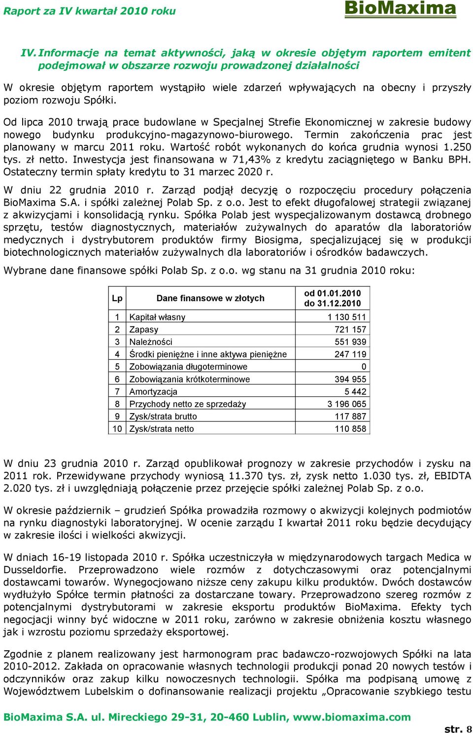 Wartść rbót wyknanych d kńca grudnia wynsi 1.250 tys. zł nett. Inwestycja jest finanswana w 71,43% z kredytu zaciągnięteg w Banku BPH. Ostateczny termin spłaty kredytu t 31 marzec 2020 r.