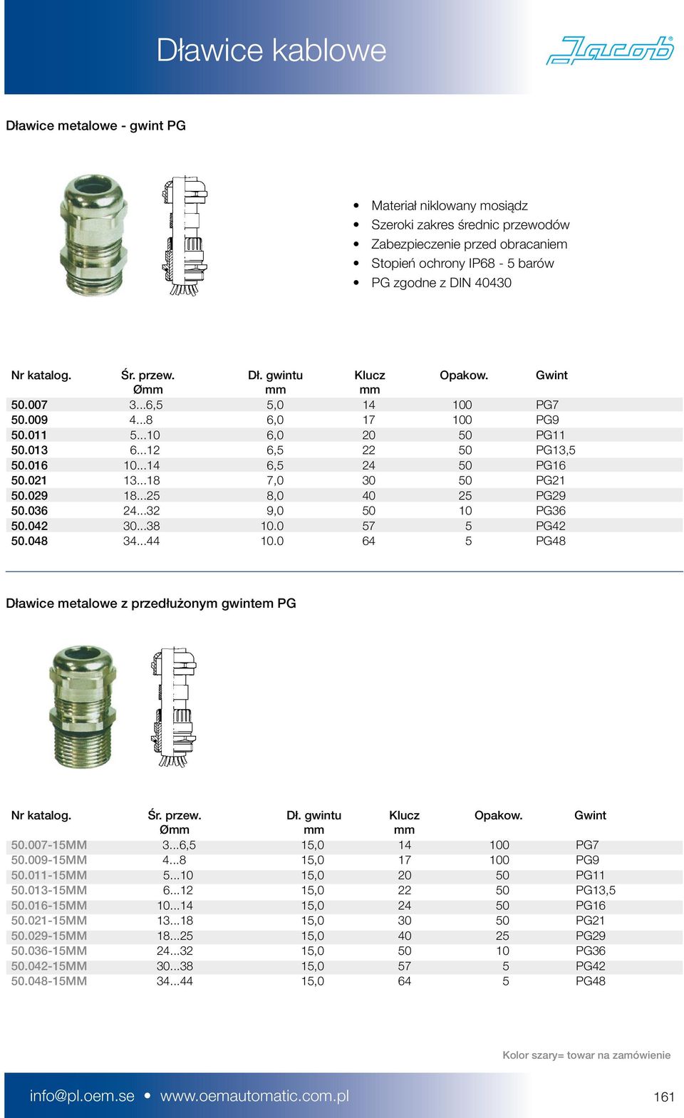 042 30...38 10.0 57 5 PG42 50.048 34...44 10.0 64 5 PG48 Dławice metalowe z przedłużonym gwintem PG 50.007-15MM 3...6,5 15,0 14 100 PG7 50.009-15MM 4...8 15,0 17 100 PG9 50.011-15MM 5.