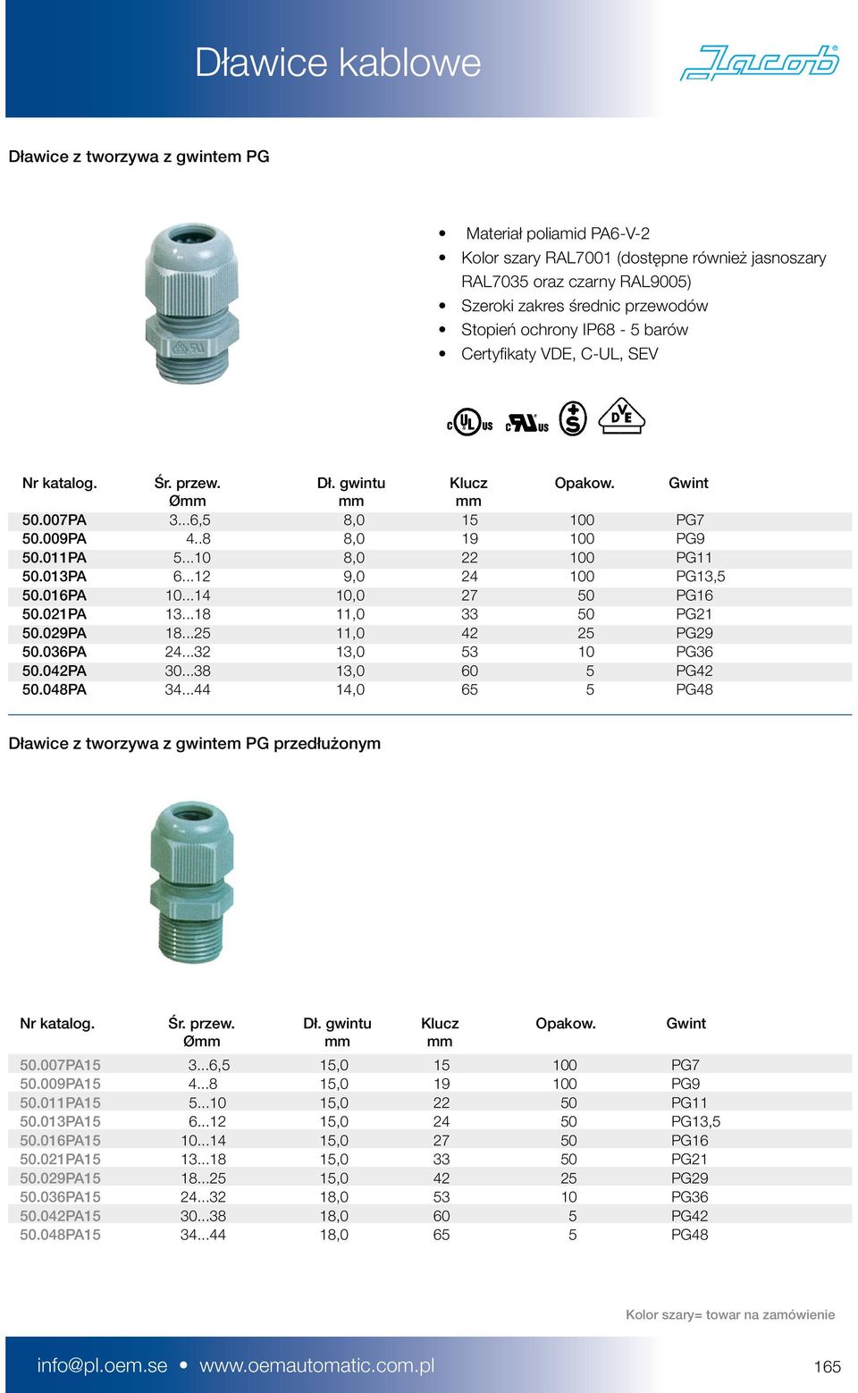 ..18 11,0 33 50 PG21 50.029PA 18...25 11,0 42 25 PG29 50.036PA 24...32 13,0 53 10 PG36 50.042PA 30...38 13,0 60 5 PG42 50.048PA 34...44 14,0 65 5 PG48 Dławice z tworzywa z gwintem PG przedłużonym 50.